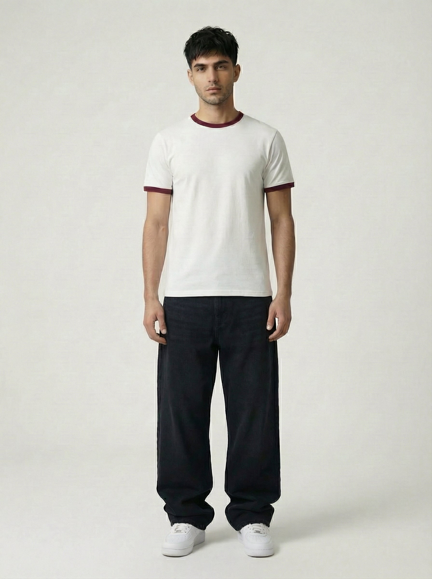 Ringer -Slim fit Tshirt - White × burgundy