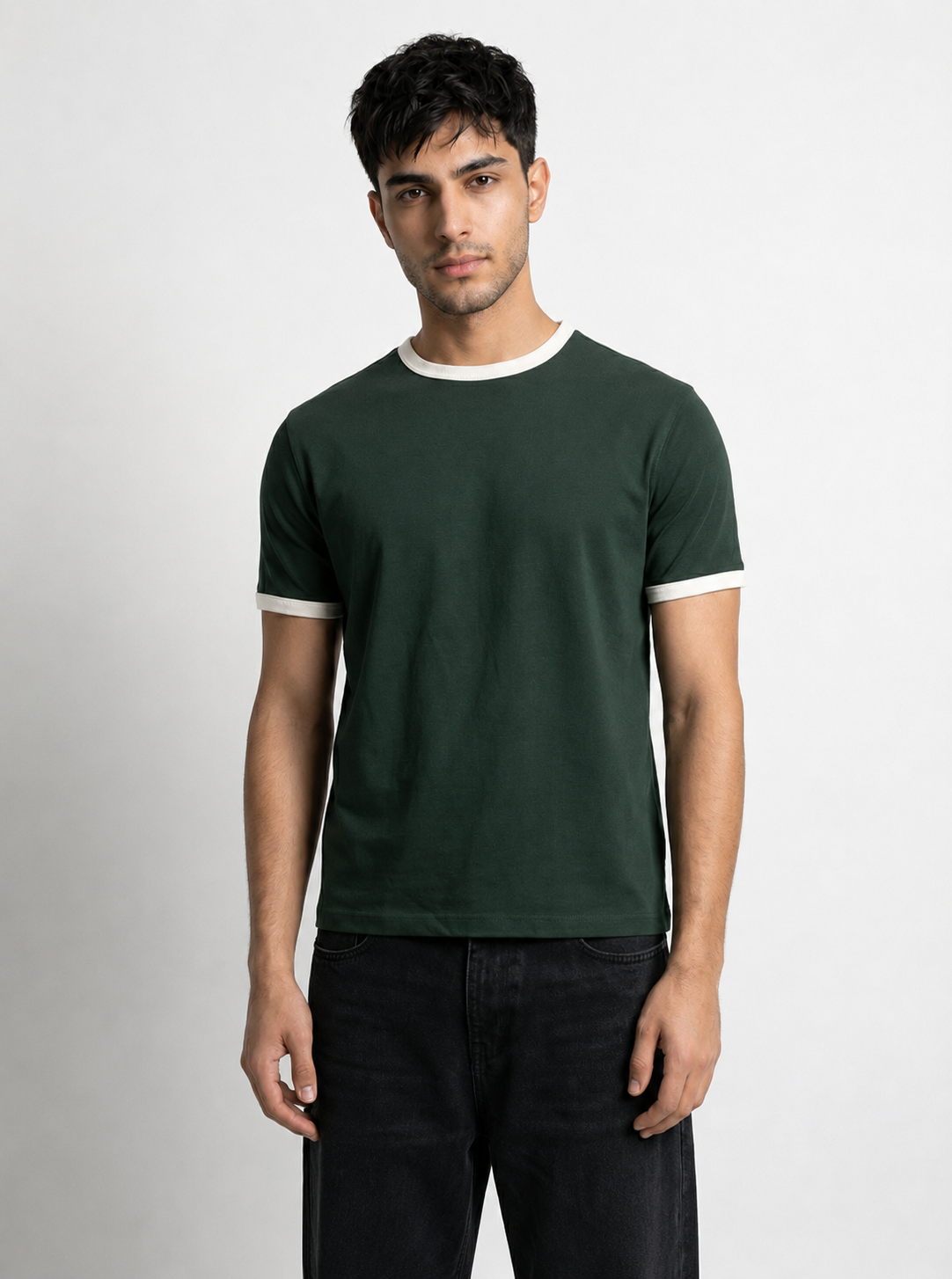 Ringer -Slim fit Tshirt - Olive Green × White