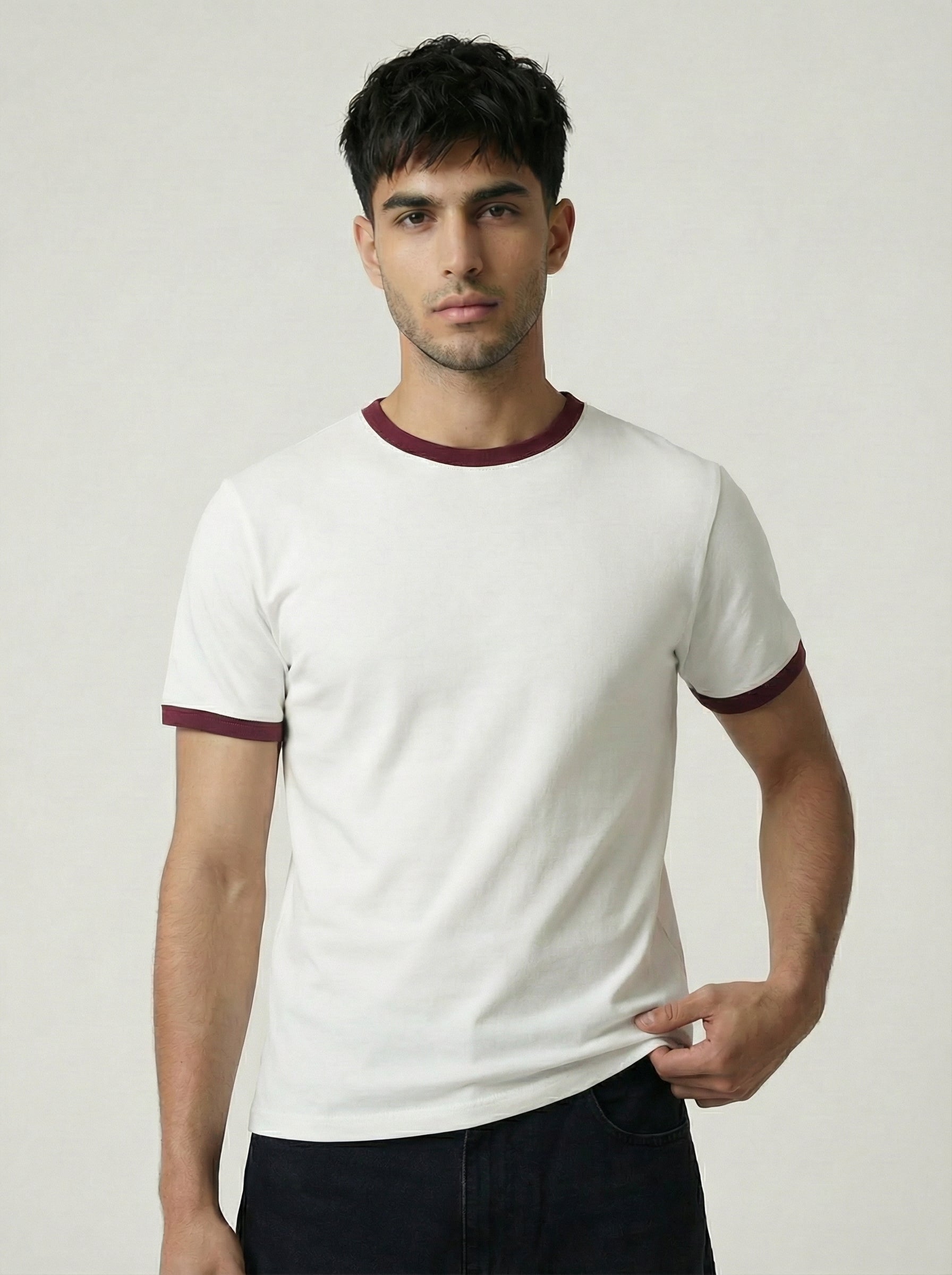 Ringer -Slim fit Tshirt - White × burgundy