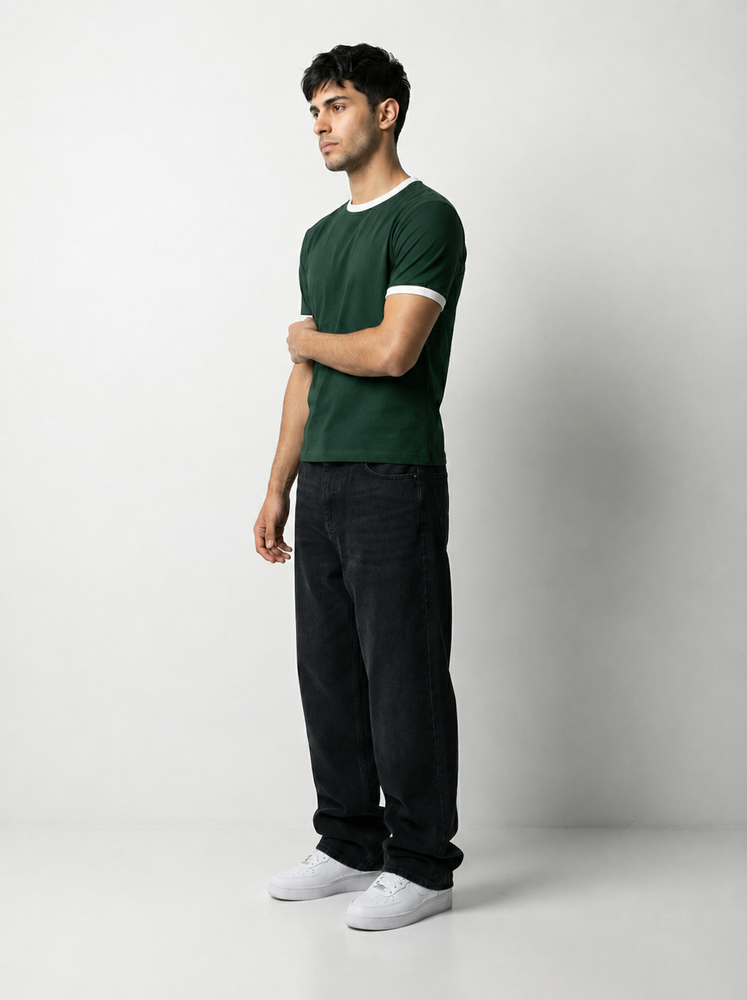 Ringer -Slim fit Tshirt - Olive Green × White