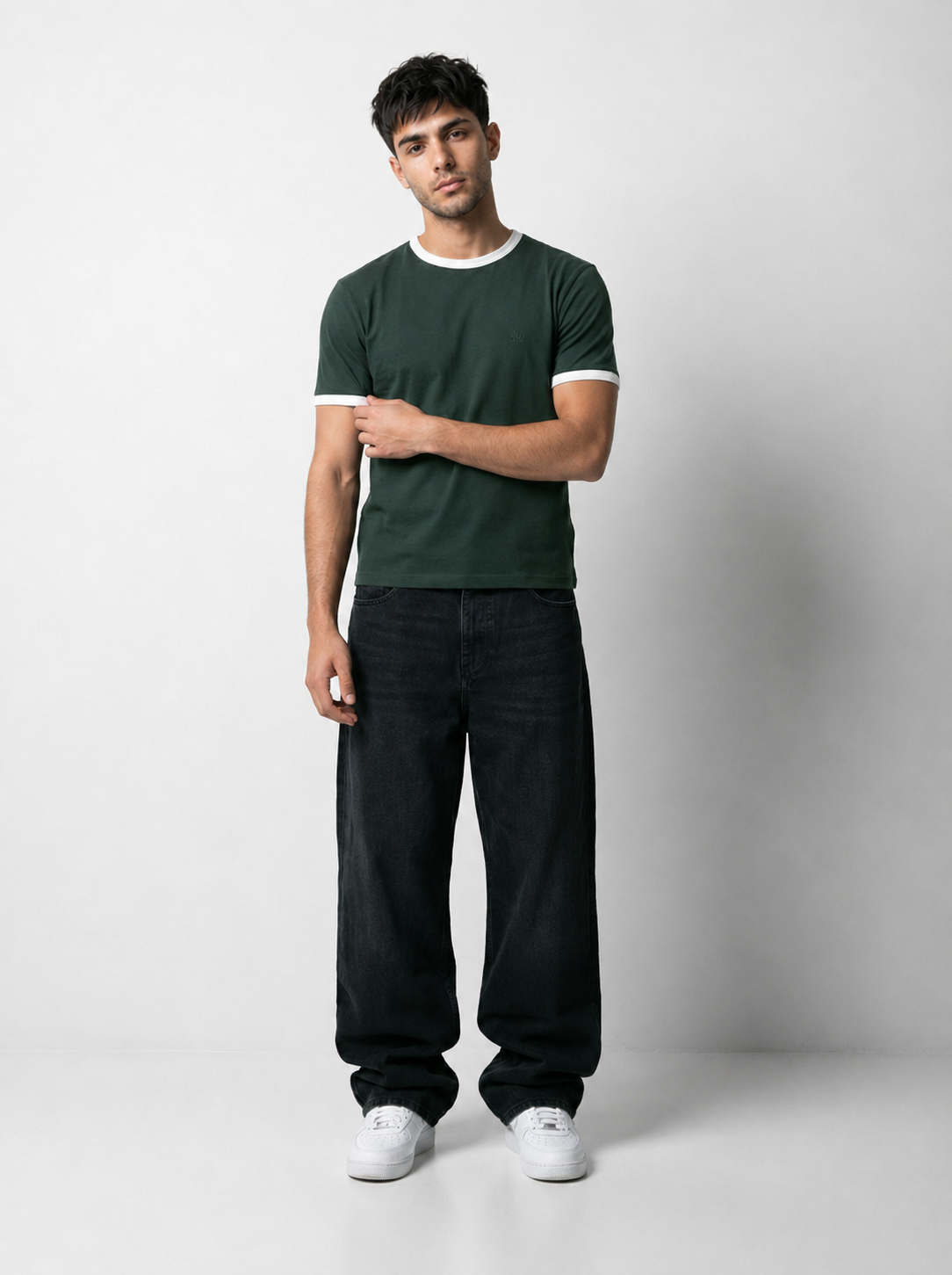 Ringer -Slim fit Tshirt - Olive Green × White