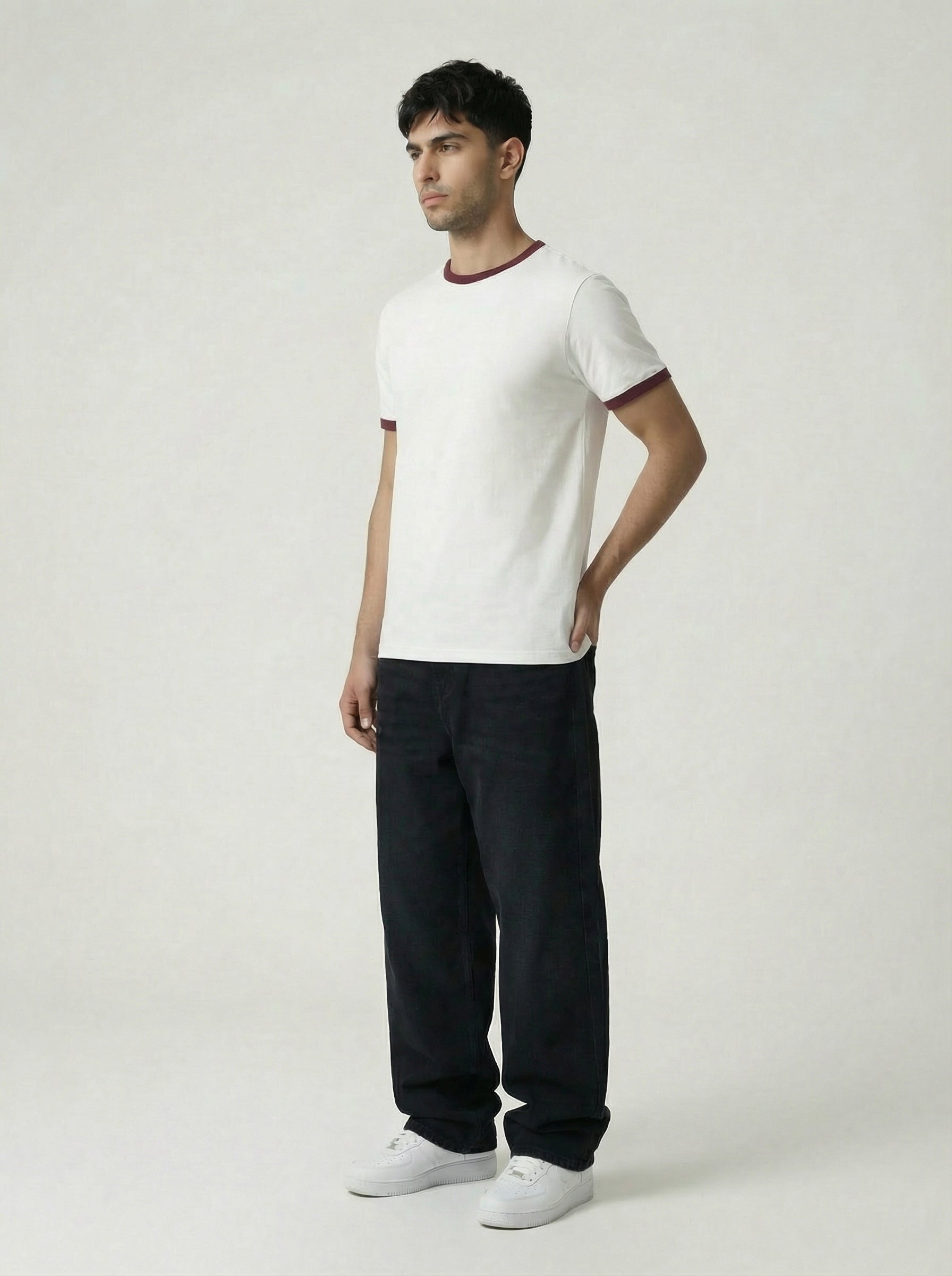 Ringer -Slim fit Tshirt - White × burgundy