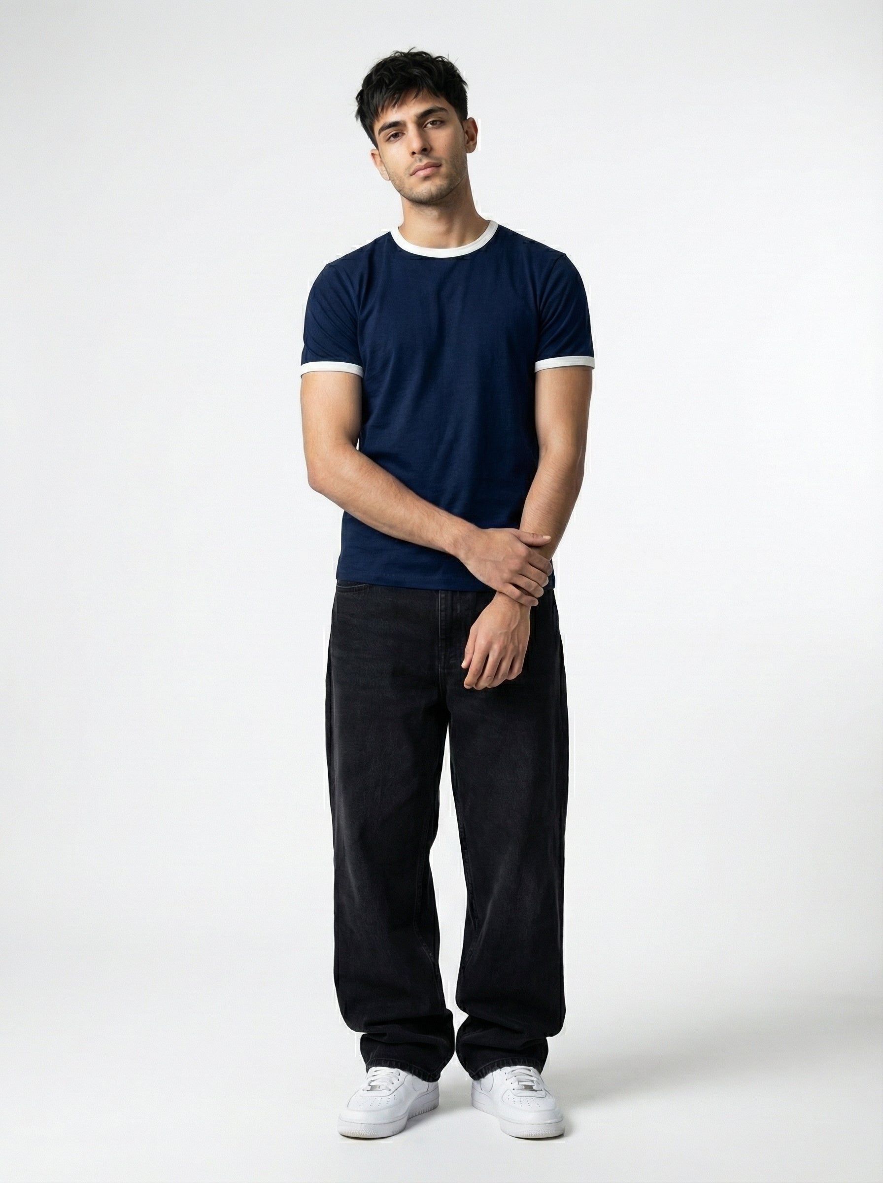 Ringer -Slim fit Tshirt - Navy Blue × white
