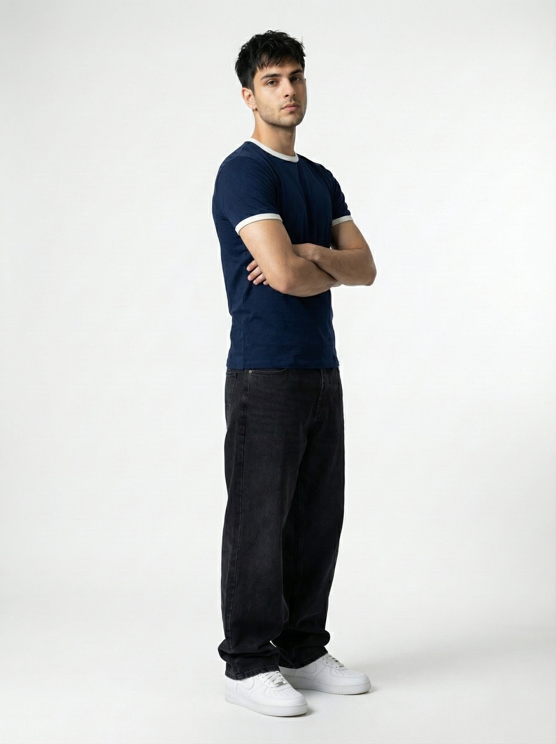 Ringer -Slim fit Tshirt - Navy Blue × white