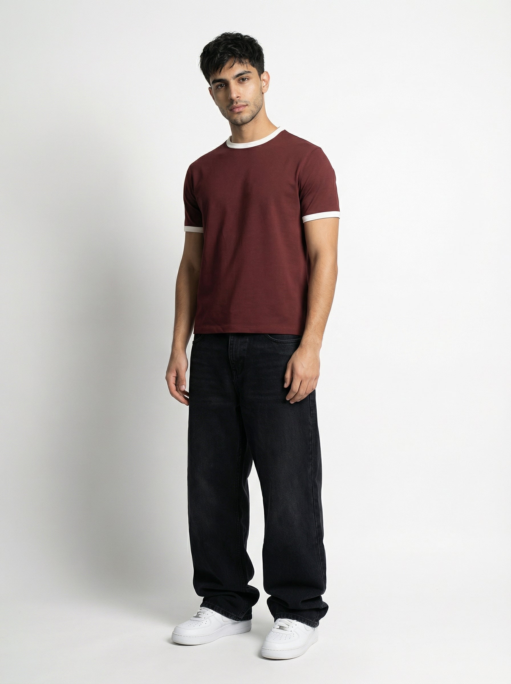 Ringer -Slim fit Tshirt - Burgundy × white