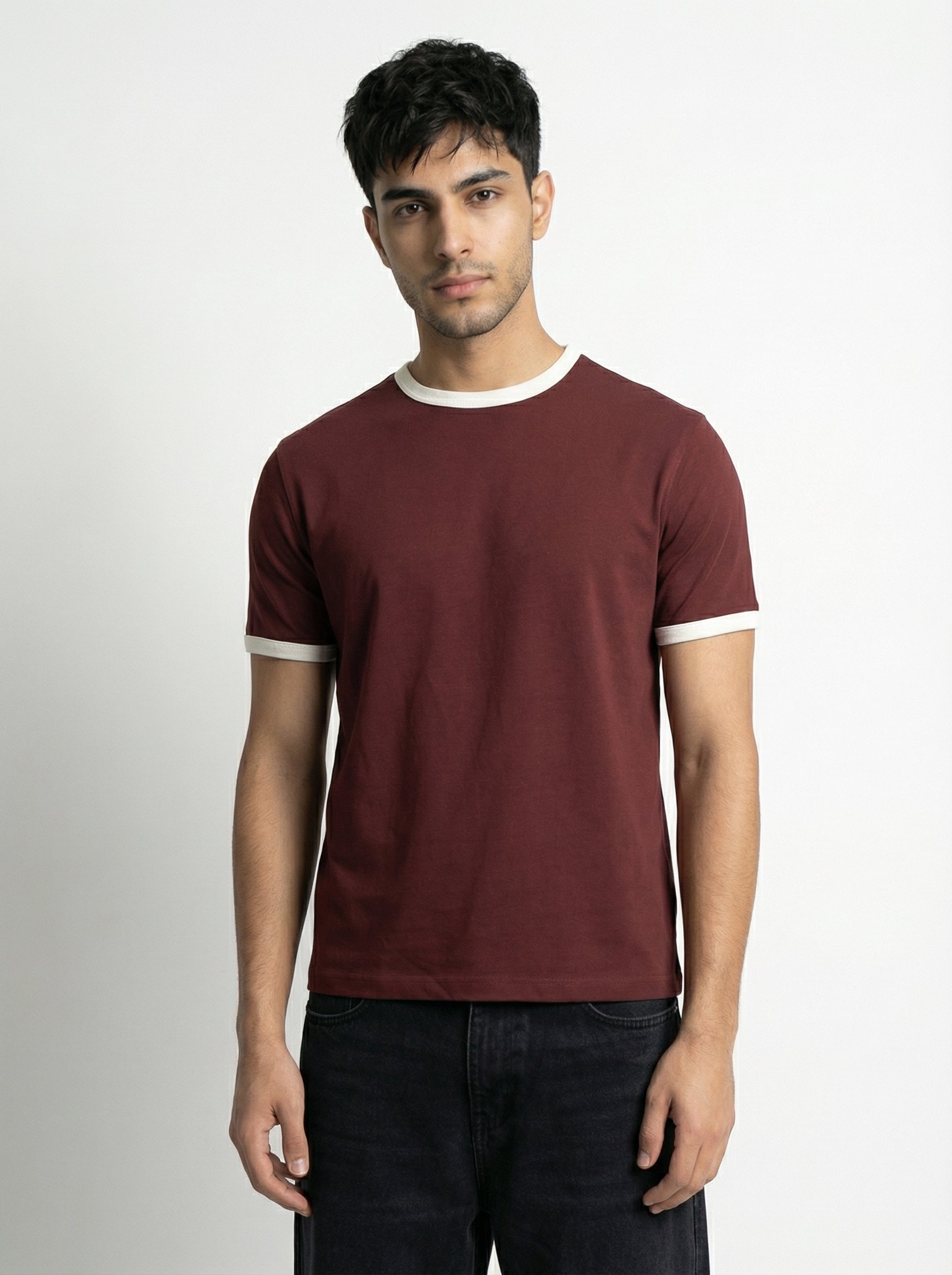 Ringer -Slim fit Tshirt - Burgundy × white