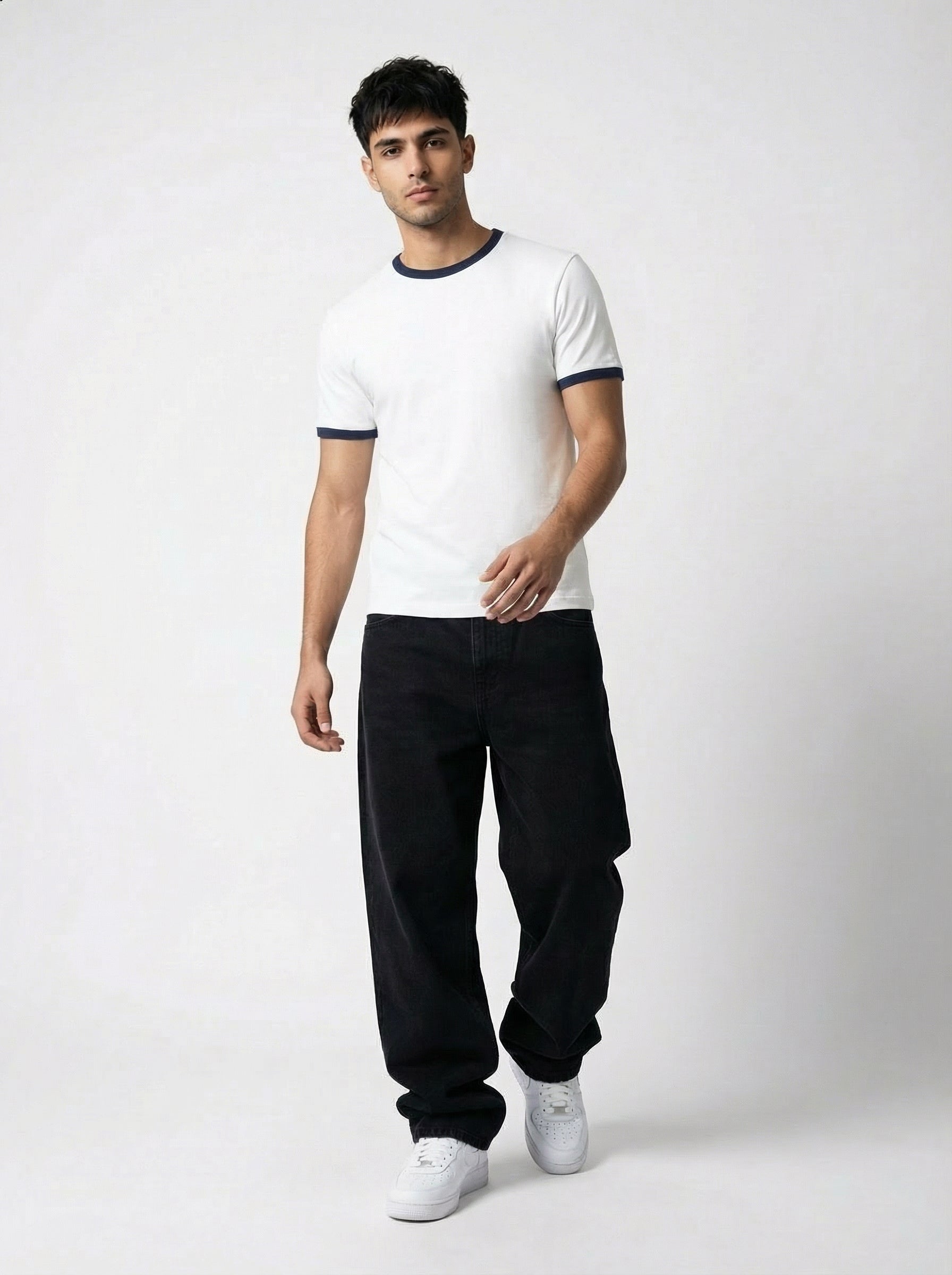 Ringer -Slim fit Tshirt -White × navy blue