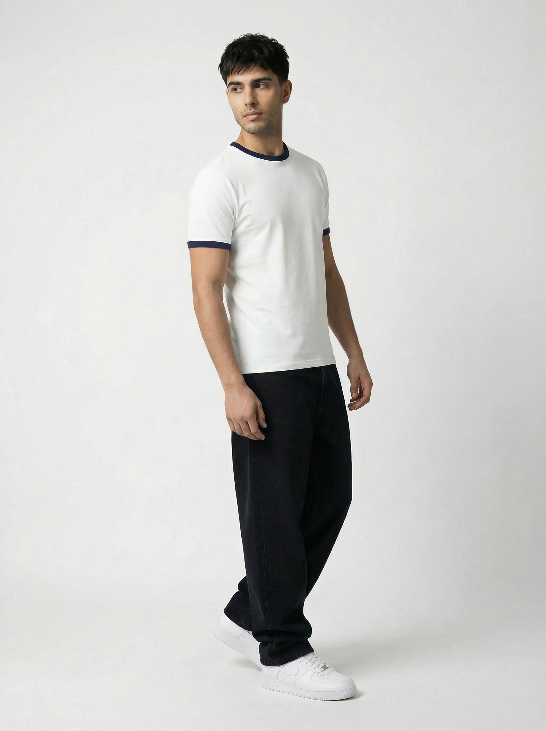 Ringer -Slim fit Tshirt -White × navy blue