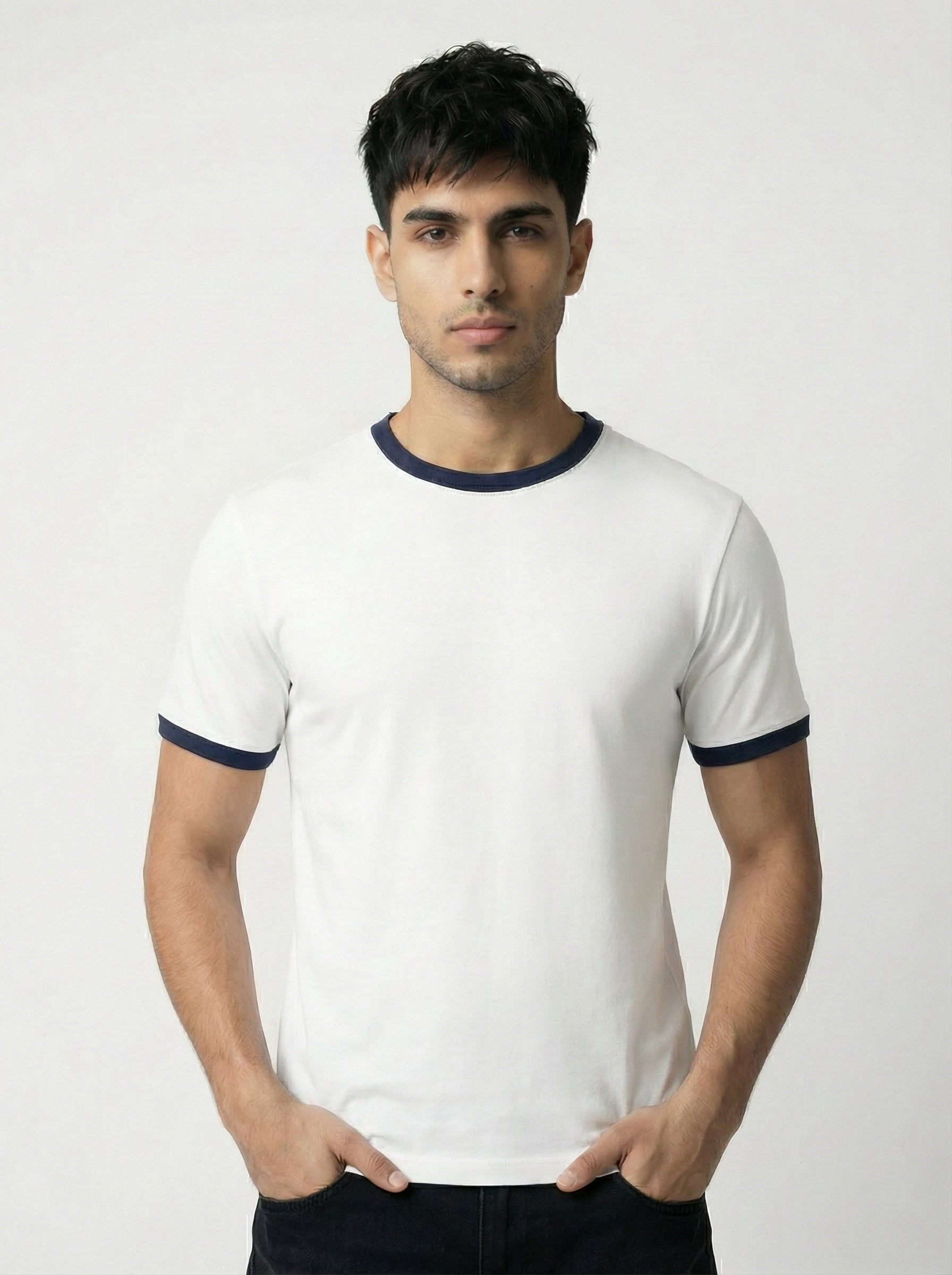 Ringer -Slim fit Tshirt -White × navy blue