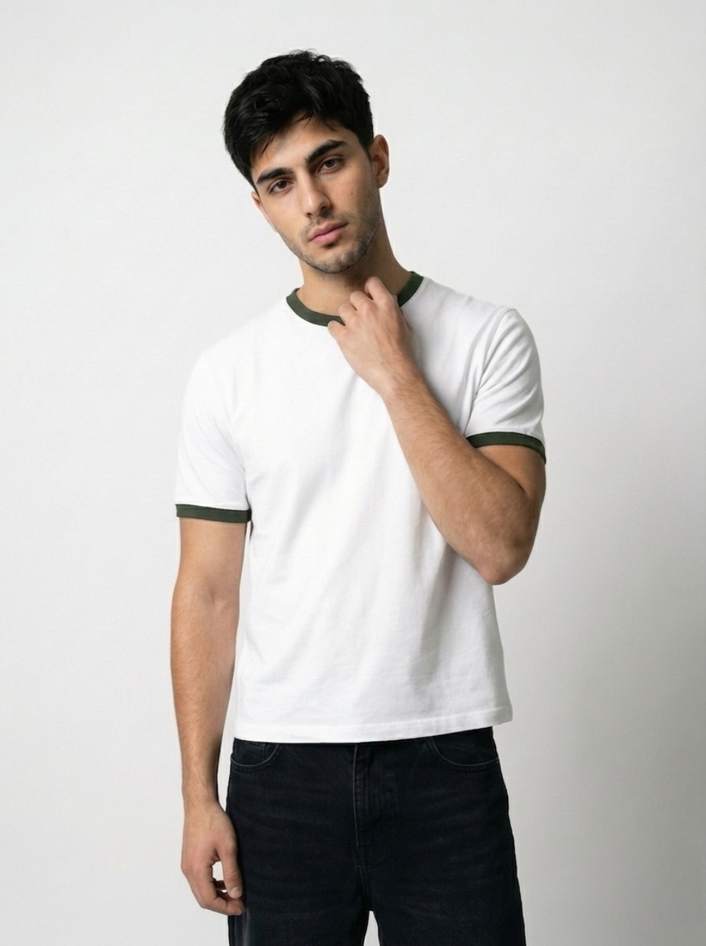 Ringer -Slim fit Tshirt - White × Olive Green