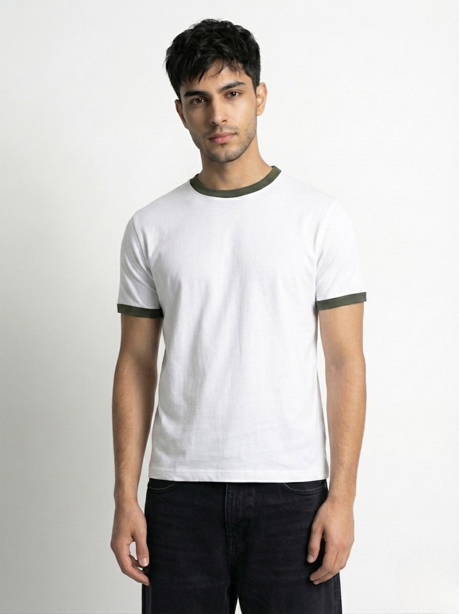 Ringer -Slim fit Tshirt - White × Olive Green